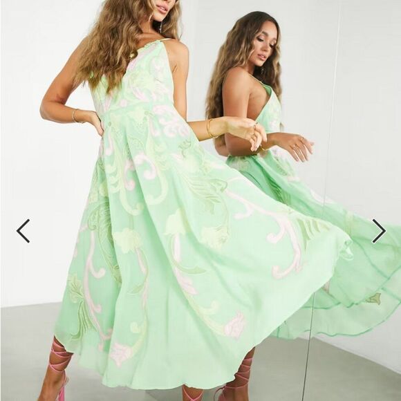 NWT ASOS DESIGN Embroidered Applique Cami Midi Dress In Pale Green w/ Pink sz 14 - Picture 2 of 8
